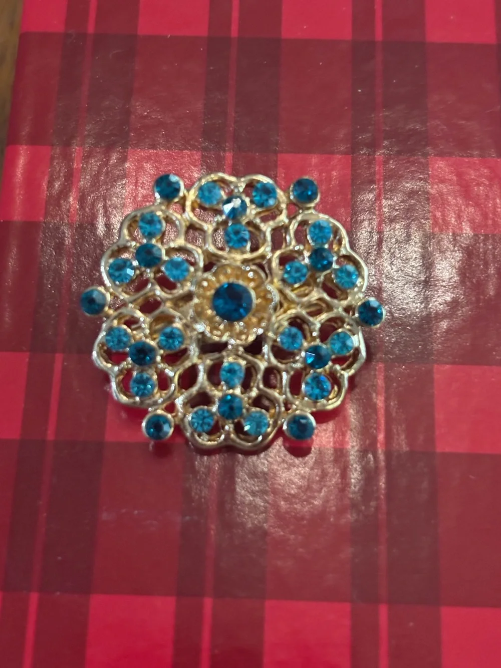 Blue Rhinestone crystal filigree clover flower gold tone brooch